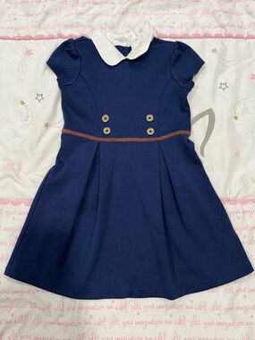 4, Janie and Jack Navy Dress with White Peter Pan Collar and Brown Trim
